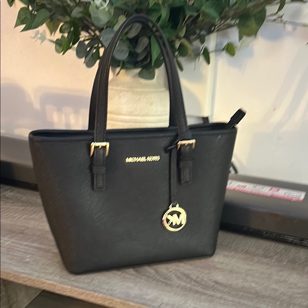 Michael Kors Black Structured Tote with Gold Accents